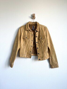 Vintage 90s Y2K Gap Genuine Leather Tan Butterscotch Trucker Jacket